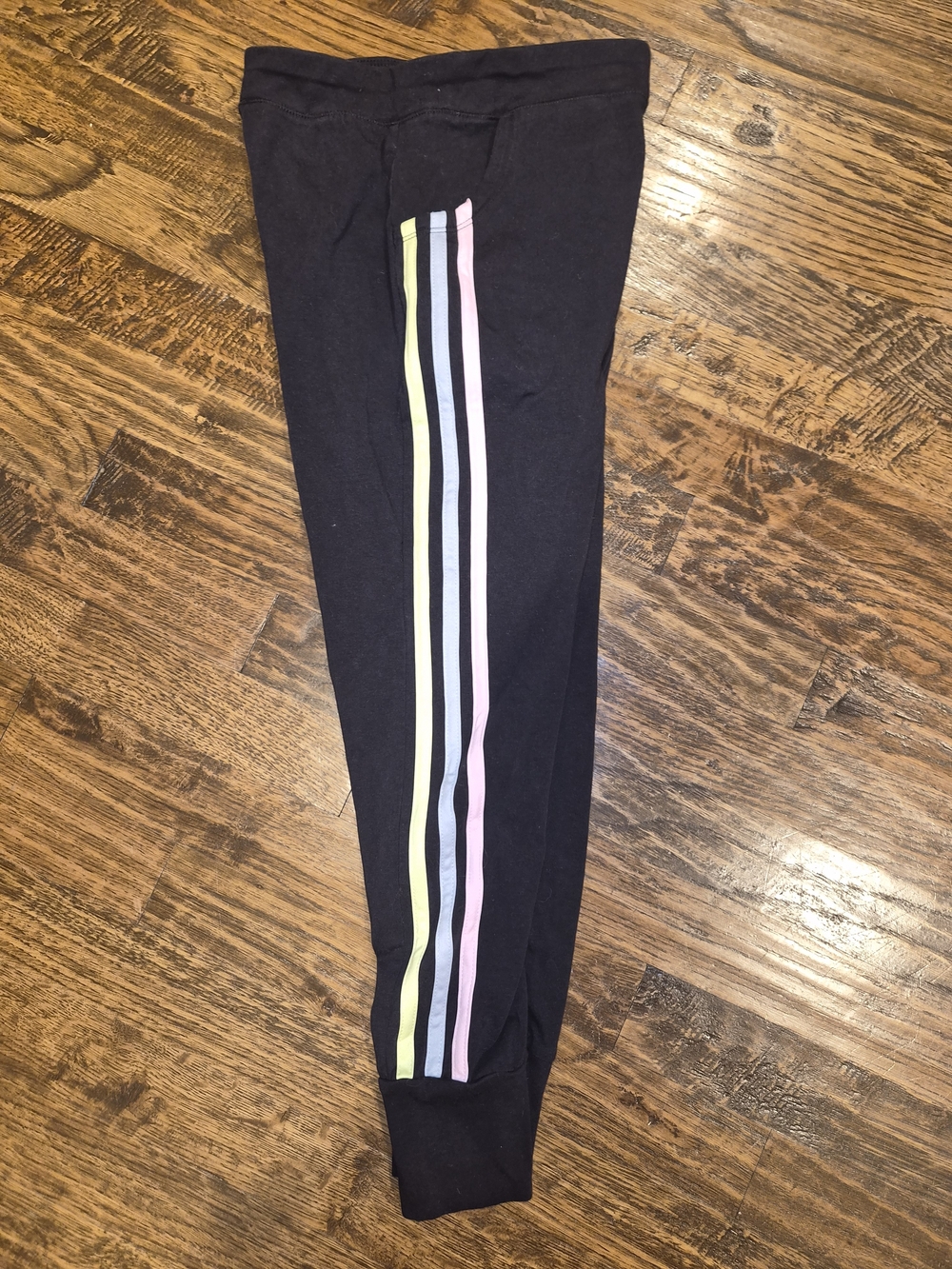 adidas Black Kids Leggings with Pastel Yellow, Blue, and Pink Stripes Sz 10-12